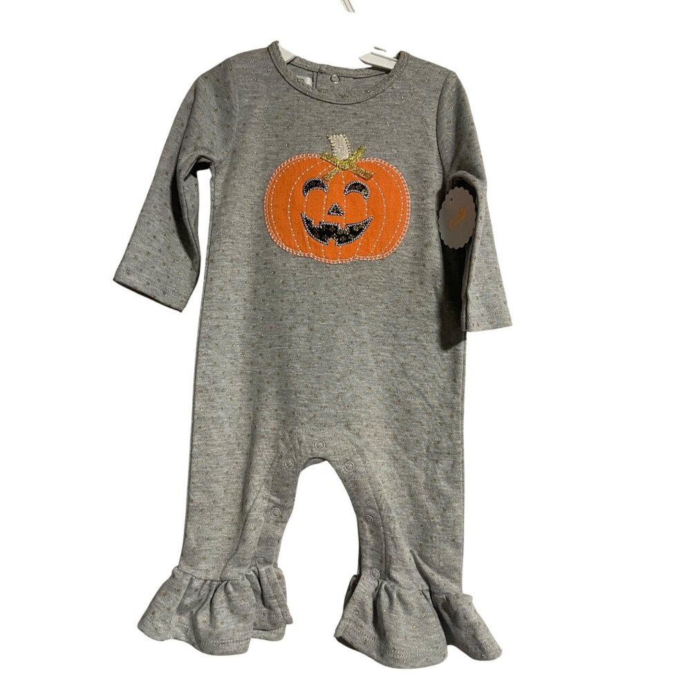 Mud Pie Baby Girl Pumpkin Long Sleeve Romper Ruffle 3-6 Months Gray Halloween